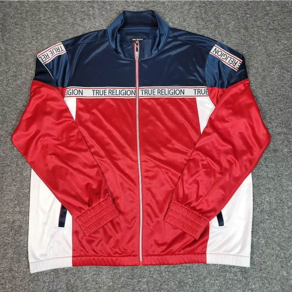 True Religion Track Jacket Men XXL Red White Blue Full Zip Logo Steetwear Y2K